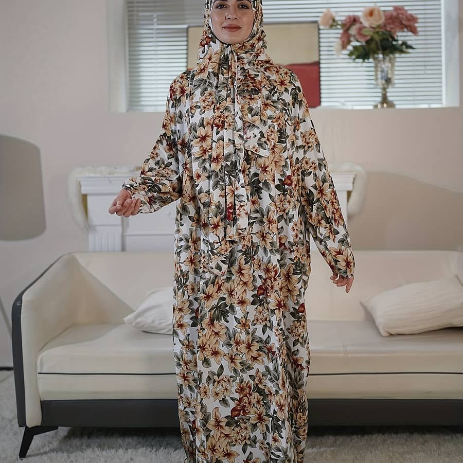 Elegant Floral Rayon Modest Dress For Women – Long Sleeve, Maxi Length With Hijab, Zip-up Closure, Non-sheer Wear, Indoor & Outdoor And Events, Dress Women | Dress | Rayon Fabric Abayas Shop Online at Dubai Trades 2