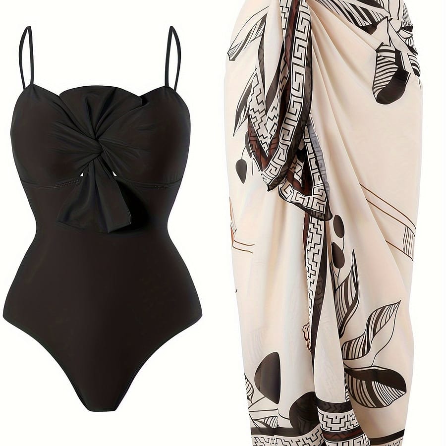 Elegant French-inspired Two-piece Swimsuit Set With Bow Detail – V-neck, High Stretch, Removable Pads, Solid Color – Women’s Fashion Clothing Shop Online at Dubai Trades 2