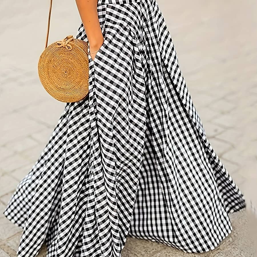 Elegant Gingham A-line Skirt For Women – High Waist, , Black & White Checkered Pattern, Polyester, Machine Washable, Casual Or Dressy Outfits, Mini Skirt Clothing Shop Online at Dubai Trades 2