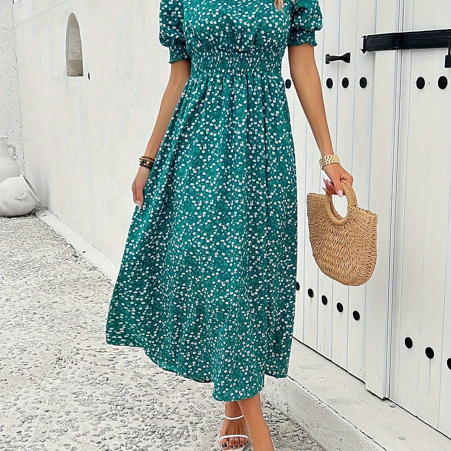 Elegant Green Floral Midi Dress With Puff Sleeves And Shirred Waist – Crew Neck, Non-stretch Polyester Fabric, Clothing Shop Online at Dubai Trades 2