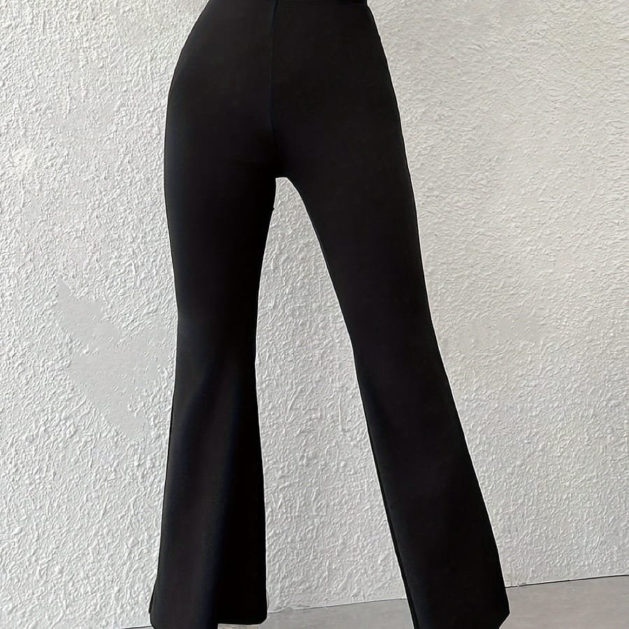 Elegant High-waisted Solid Pants – Polyester , Knit Fabric, Waist, Long Length For Mature Style – Adult Regular Fit Knitted Flare Leg Trousers With No Details Clothing Shop Online at Dubai Trades 2