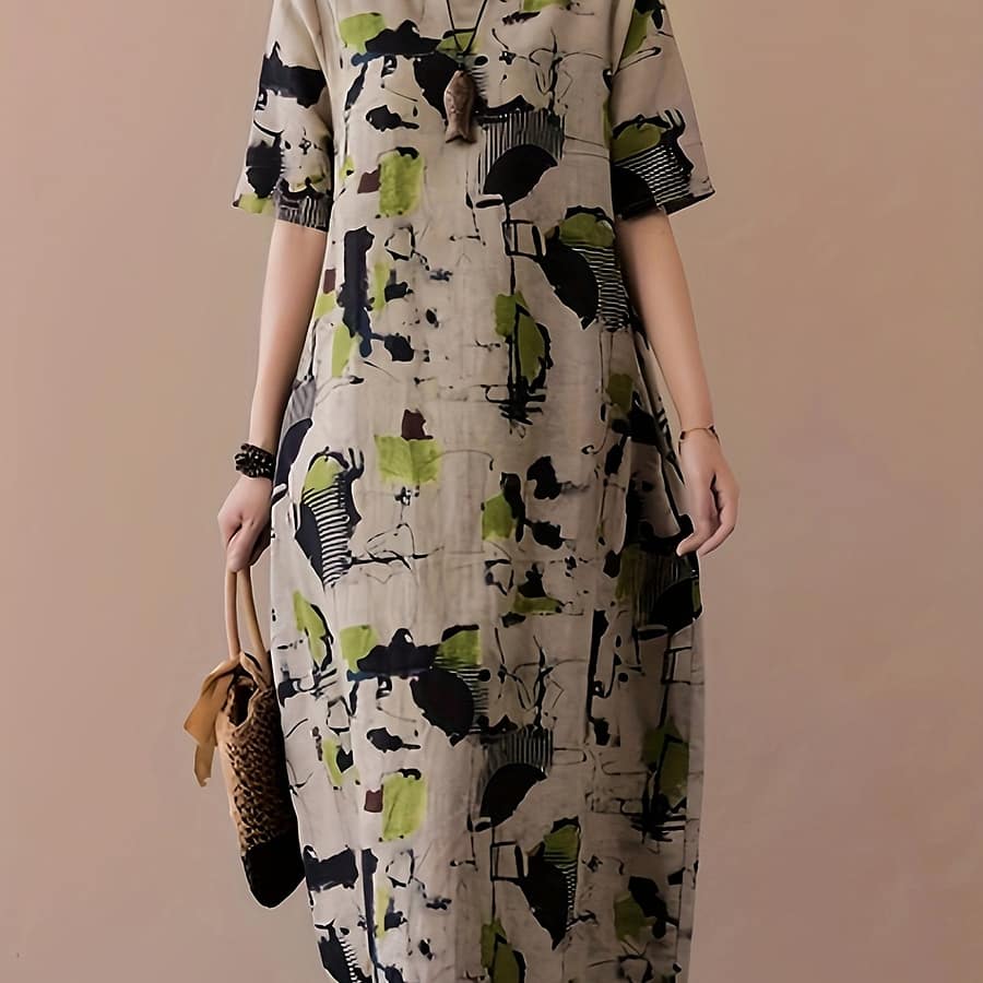 Elegant Linen Midi Dress With Vibrant Abstract Print – Casual Yet Chic, Short Sleeve, Round Neck, Machine Washable, No Stretch – Spring/summer/fall Events Clothing Shop Online at Dubai Trades 2