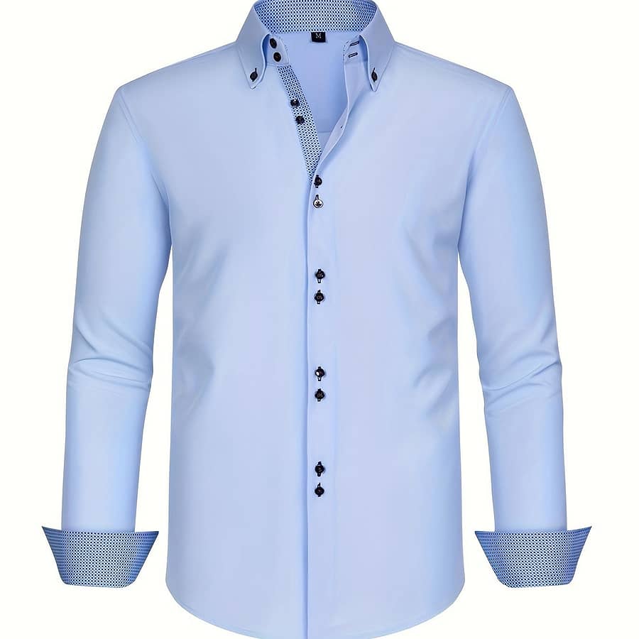 Elegant Men’ Blue Dress Shirt – Spring/autumn Formal Wear, Double-breasted With Stretch, Comfortable & Breathable Polyester Blend, Classic Contrast Cuff Design Clothing Shop Online at Dubai Trades 2