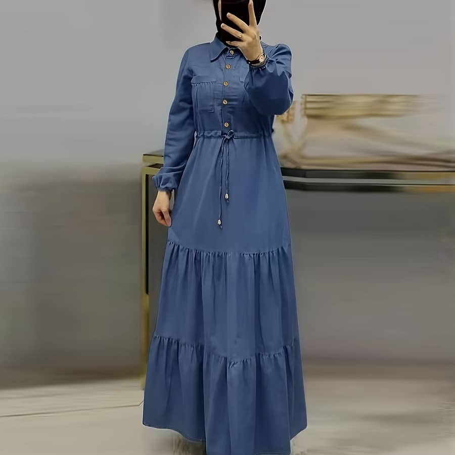 Elegant Middle Eastern-inspired Women’s Dress With Adjustable Waist Tie & Golden Buttons – Long Sleeve Hem, , Machine Washable, Traditional Casual Wear Abayas Shop Online at Dubai Trades 2