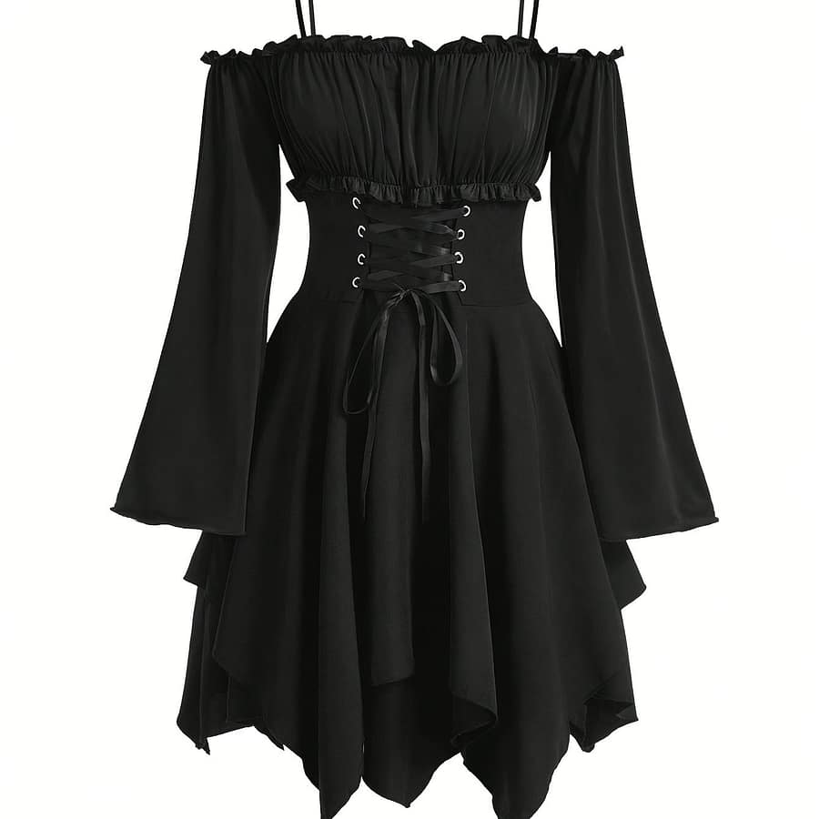 Elegant Off-shoulder Gothic Dress With Ruffle Hem And Asymmetrical High Waist – Solid Color, Long Sleeve, Polyester – Spring/summer/fall Clothing Shop Online at Dubai Trades 2