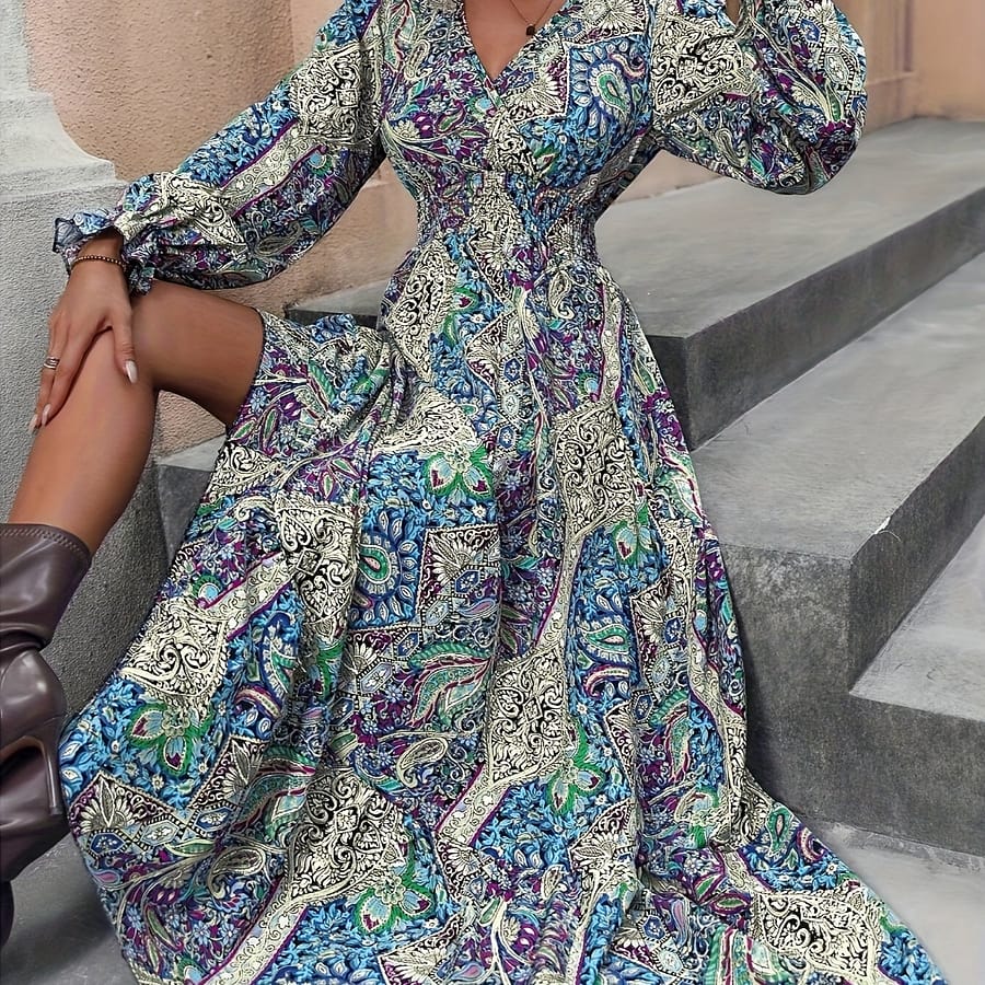 Elegant Paisley & Floral Print Long Sleeve Dress – V-neck, A-line Silhouette, Machine Washable Polyester – Ideal For Spring/fall Fashion Clothing Shop Online at Dubai Trades 2