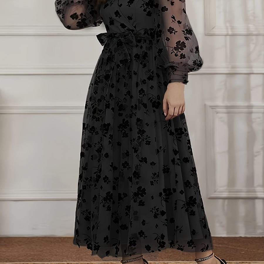 Elegant Plus Size Black Lace-trim V-neck Dress With Floral Pattern And Tie Waist Detail – Slim Fit Midi Dress For Women, Spring/fall, Plus Size Dress Clothing Shop Online at Dubai Trades 2