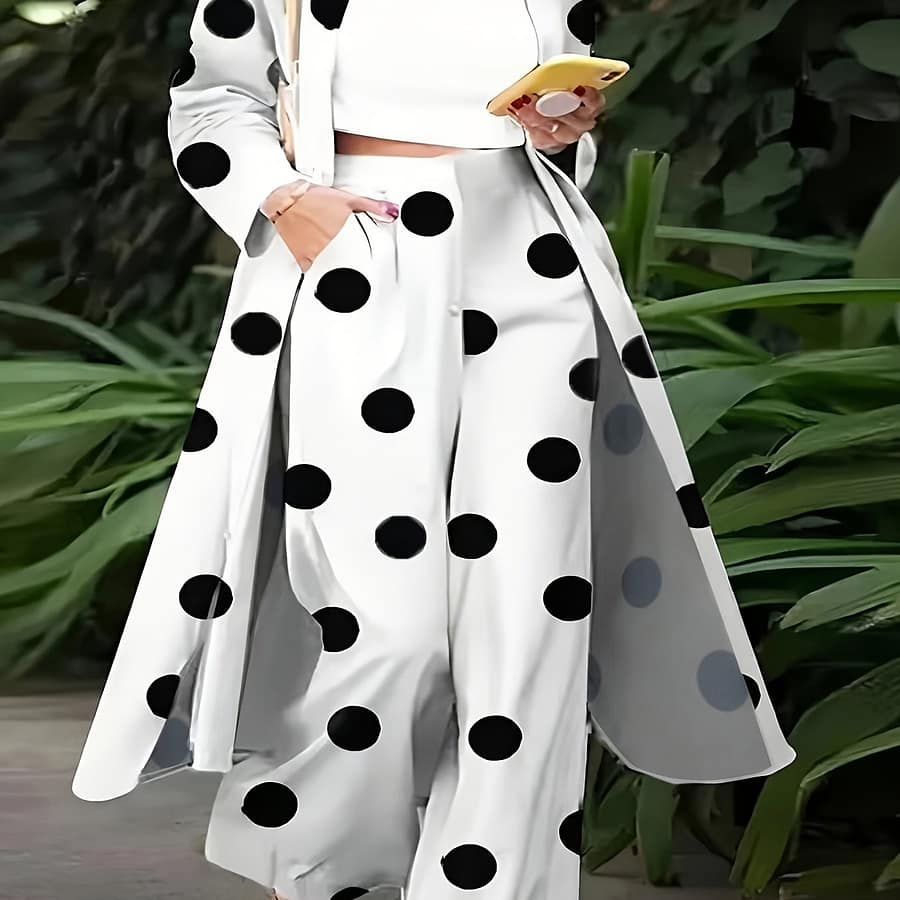 Elegant Plus Size Suit Set, Lapel Collar, Geometric Pattern, Non-stretch Polyester, With Pocket, 100gsm, 100% Polyester, For Women Clothing Shop Online at Dubai Trades 2