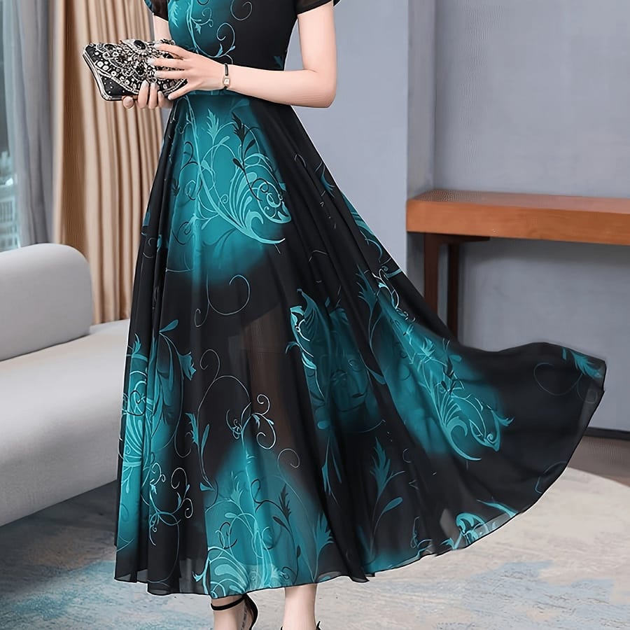 Elegant Polyester Women’s Dress With Print, Round Neck, /autumn , Hand Wash , No Stretch, No See-through Clothing Shop Online at Dubai Trades 2