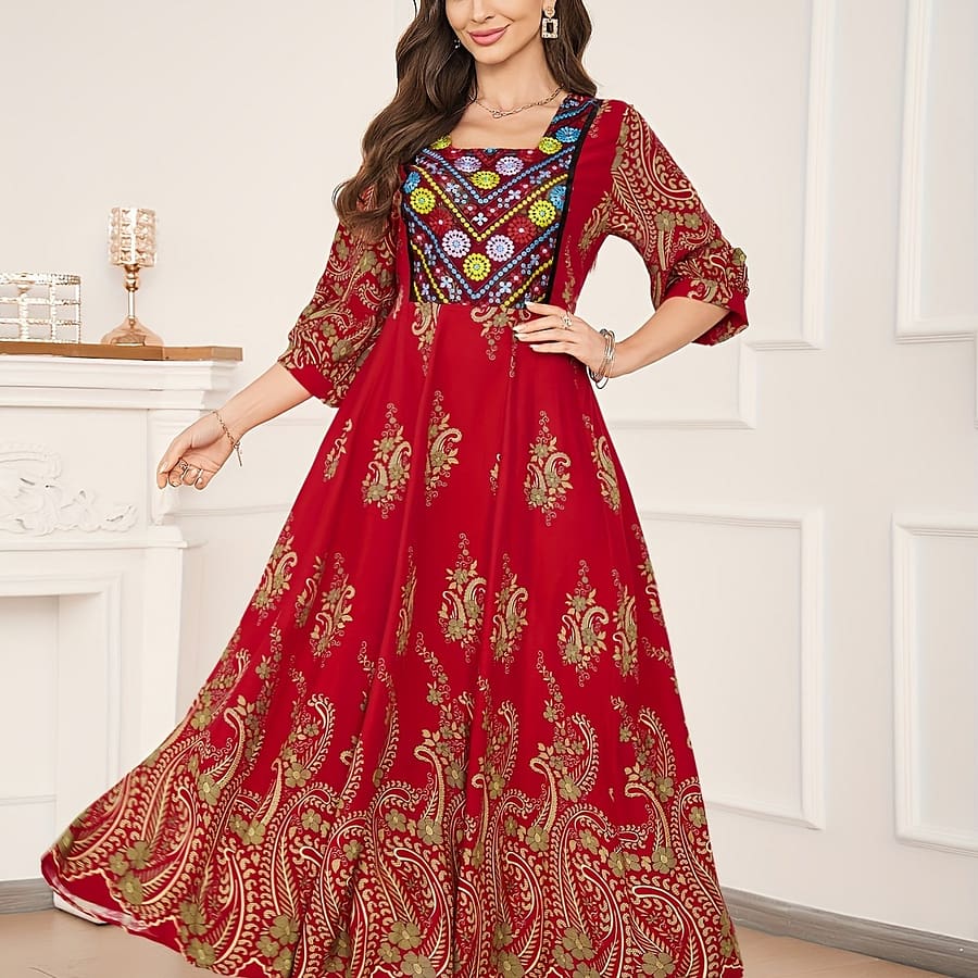 Elegant Red Bohemian Maxi Dress With Golden Accents – Square Neck, Wide Sleeves, Belted Waist, Casual, Holiday, And Beach Wear, Versatile Dress|bohemian Style|square Neckline Clothing Shop Online at Dubai Trades 2