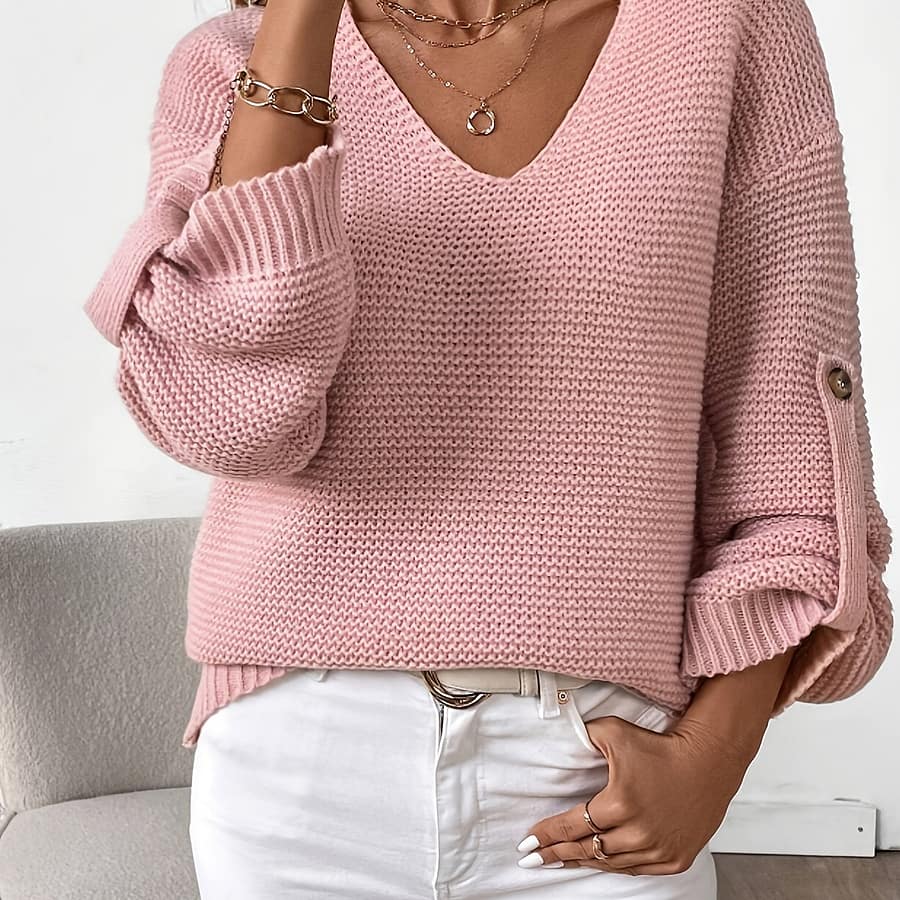 Elegant Red V-neck Sweater For Women – Chic Button Detail, Ribbed Texture, Polyester Knit Pullover With Lantern Sleeves, Machine Washable Clothing Shop Online at Dubai Trades 2