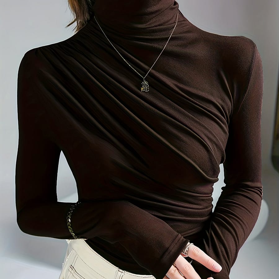 Elegant Ruched Mock Neck Long Sleeve Top For Women – Stylish Autumn/winter Blouse, Soft Polyester & Elastane , Machine Washable, Dark Brown, Casual Or Dressy Outfits Clothing Shop Online at Dubai Trades 2