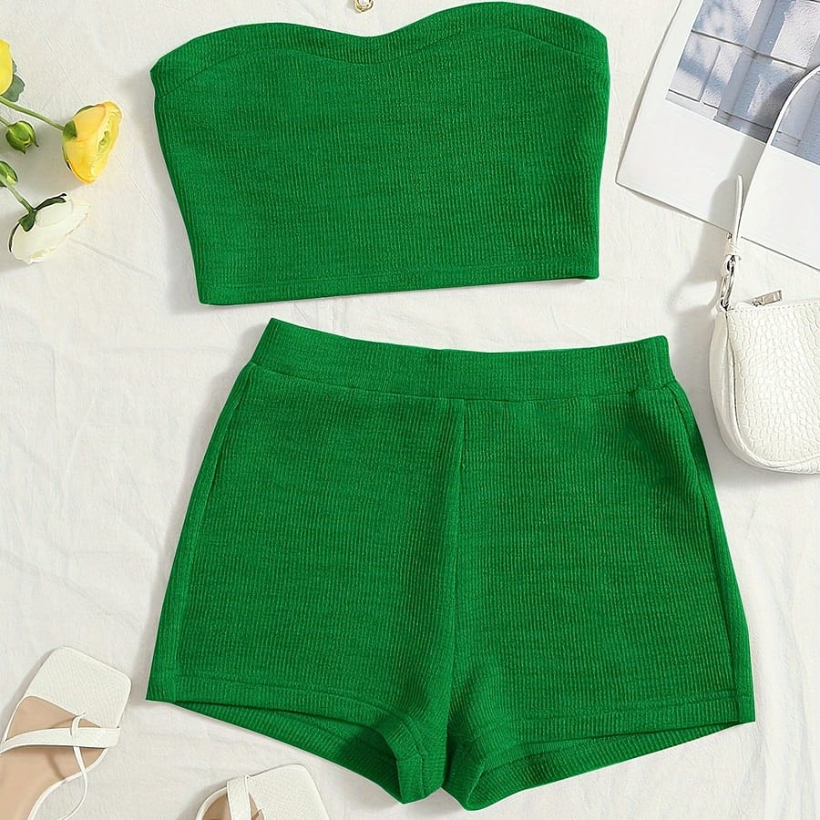 Elegant Solid Color Shorts Set, Neck Crop Tube Top & Simple Shorts Summer Outfits, Women’s Clothing Clothing Shop Online at Dubai Trades 2