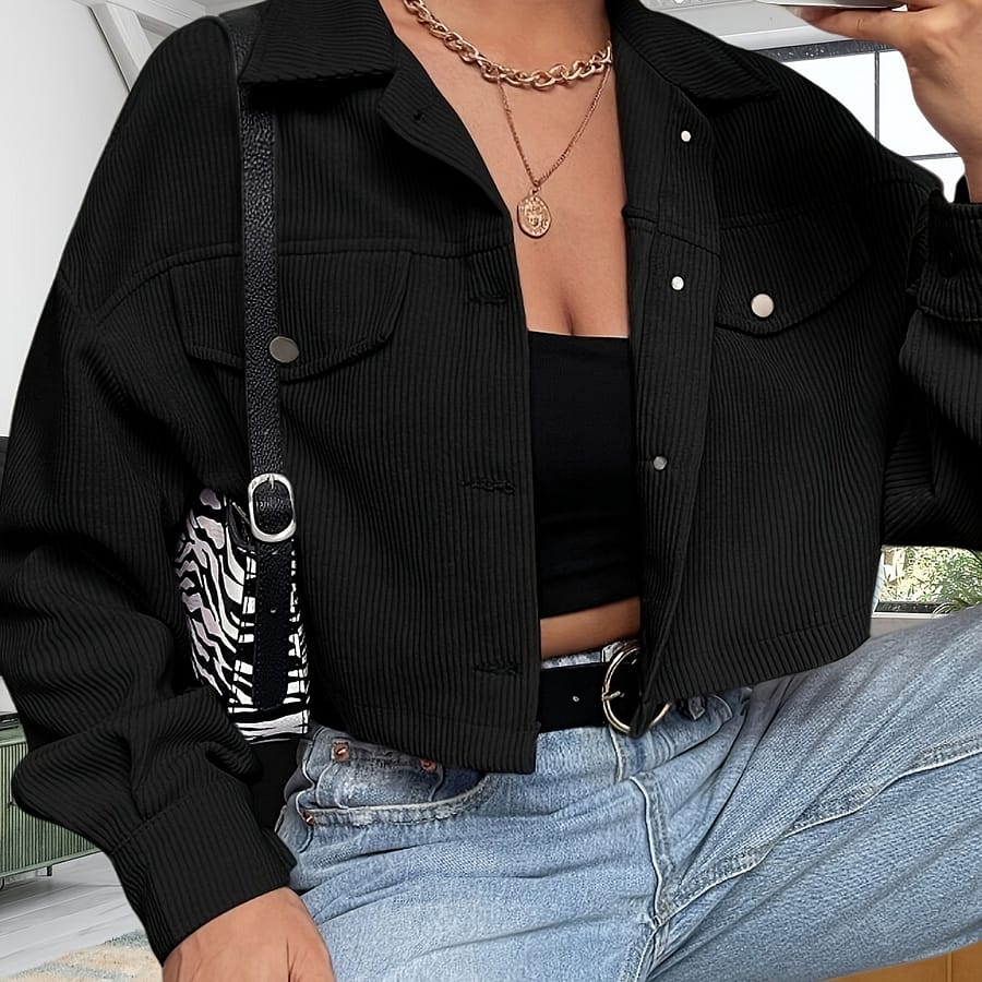 Elegant Special Collection Women’s Middle Eastern-inspired Drop Shoulder Cropped Jacket – Black Corduroy With Button Front, Chest Pockets & Versatile Style Casual Jackets Shop Online at Dubai Trades 2