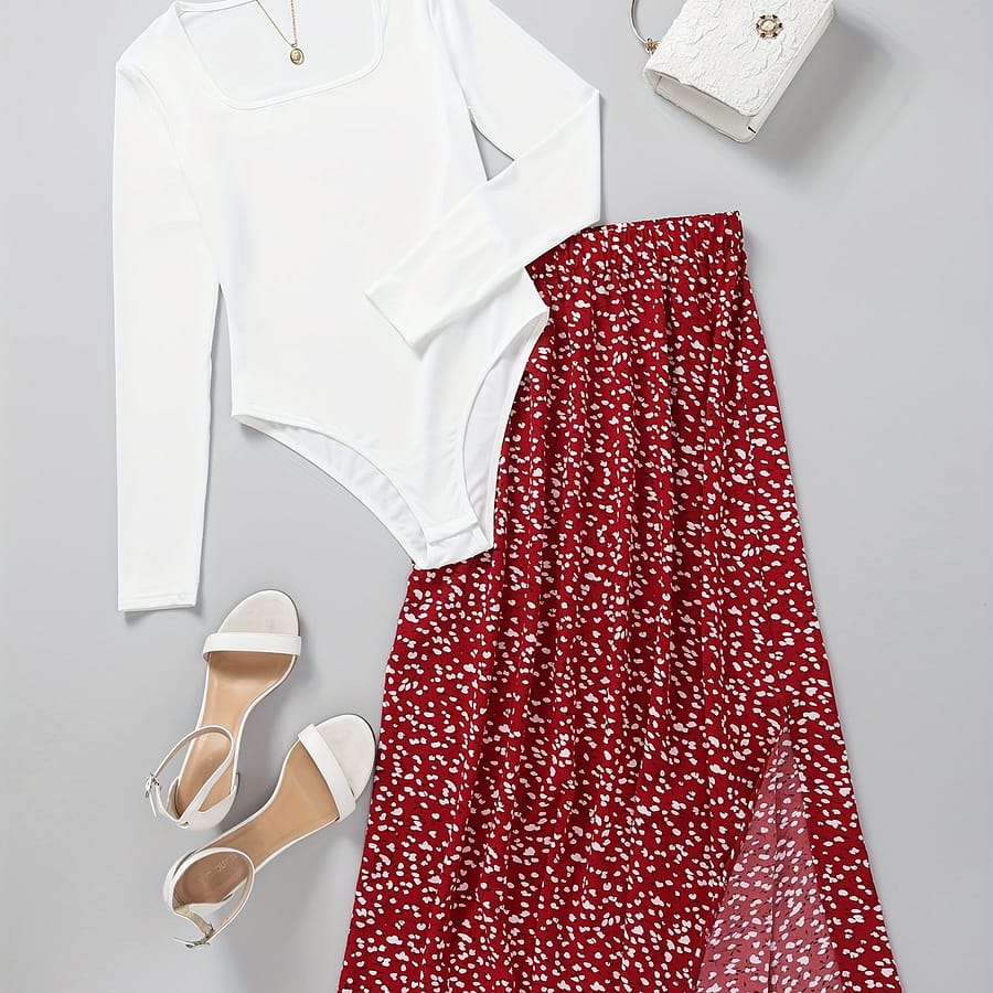 Elegant Two-piece Set For Women: Chic Long Sleeve Bodysuit & Floral Skirt – Polyester Blend, Square Neck, Machine Washable – Spring/summer Clothing Shop Online at Dubai Trades 2