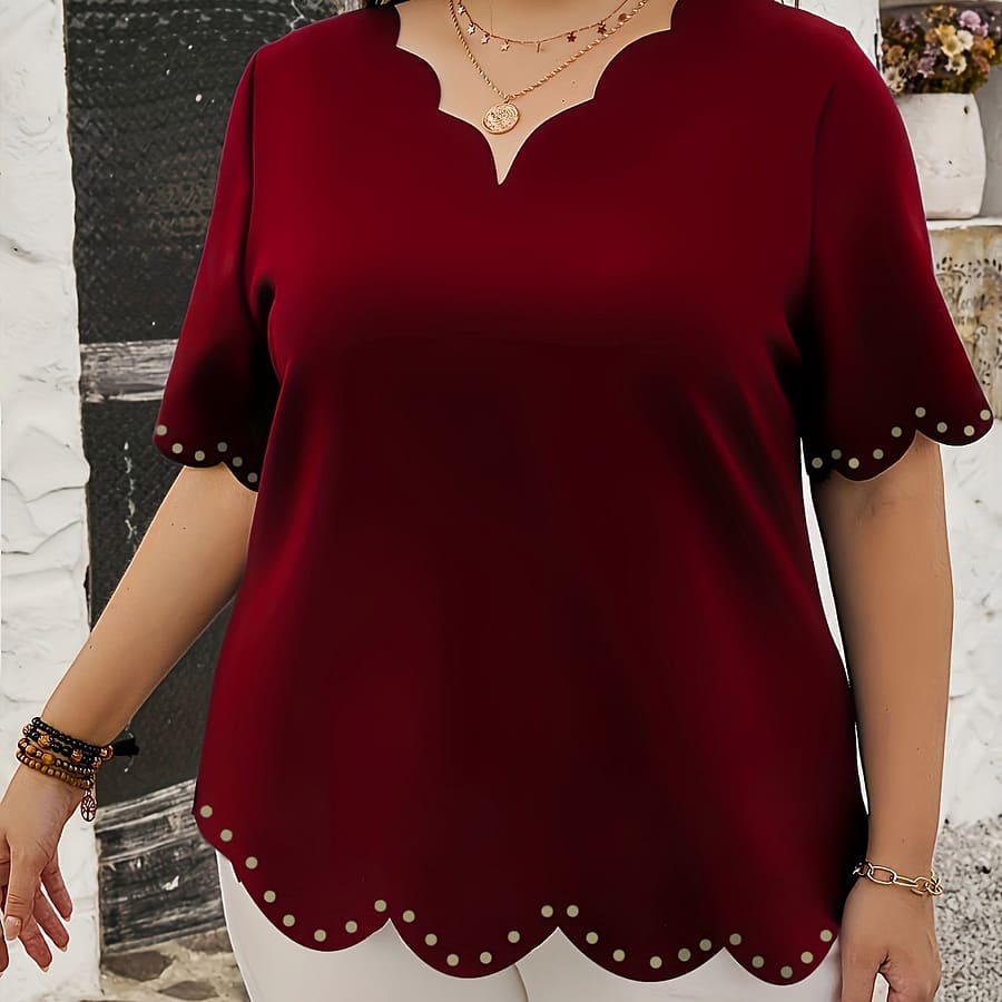 Elegant V-neck Blouse With Scallop Trim – Breathable Polyester & Elastane, Machine Washable – Clothing Shop Online at Dubai Trades 2