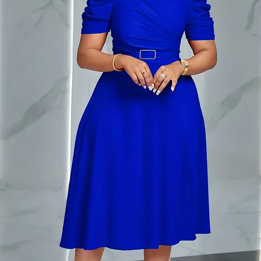 Elegant V-neck Knit Dress For Women – Solid Color, Knee-length With Flowy Skirt & Puff Sleeves, Machine Washable Clothing Shop Online at Dubai Trades 2