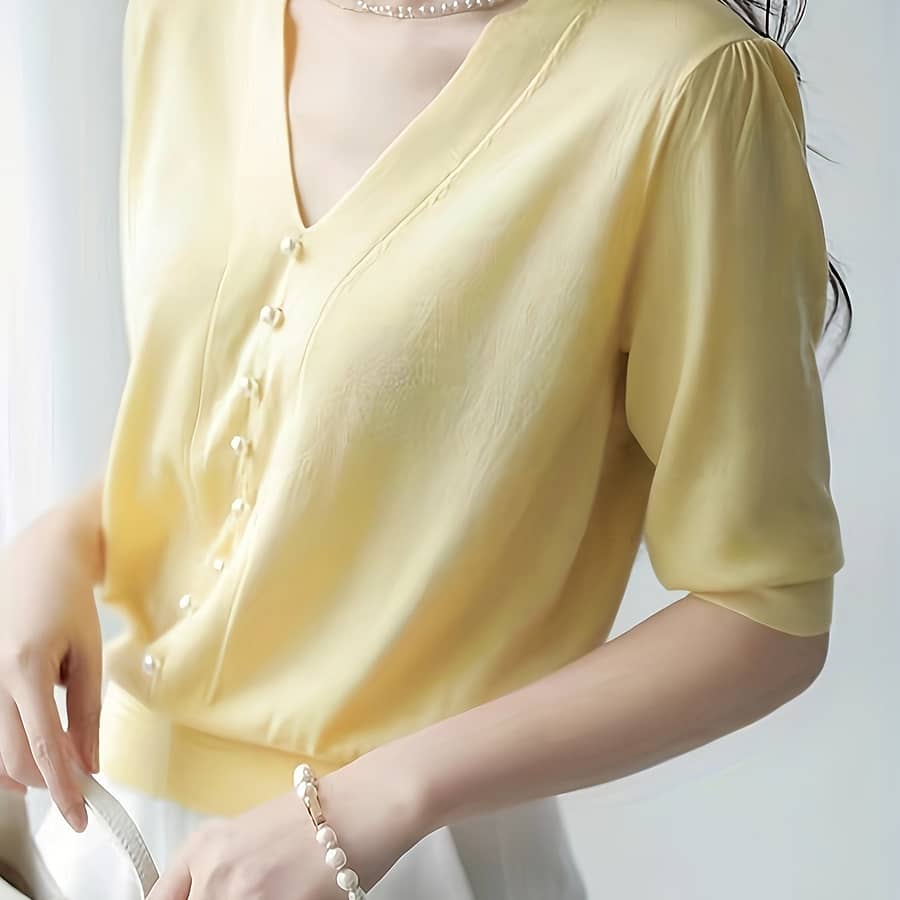 Elegant V-neck Knit Top For Women With Chic Pearl Button Detail – Short Sleeve, Loose Fit T-shirt Spring/summer/fall, Viscose/polyester Clothing Shop Online at Dubai Trades 2
