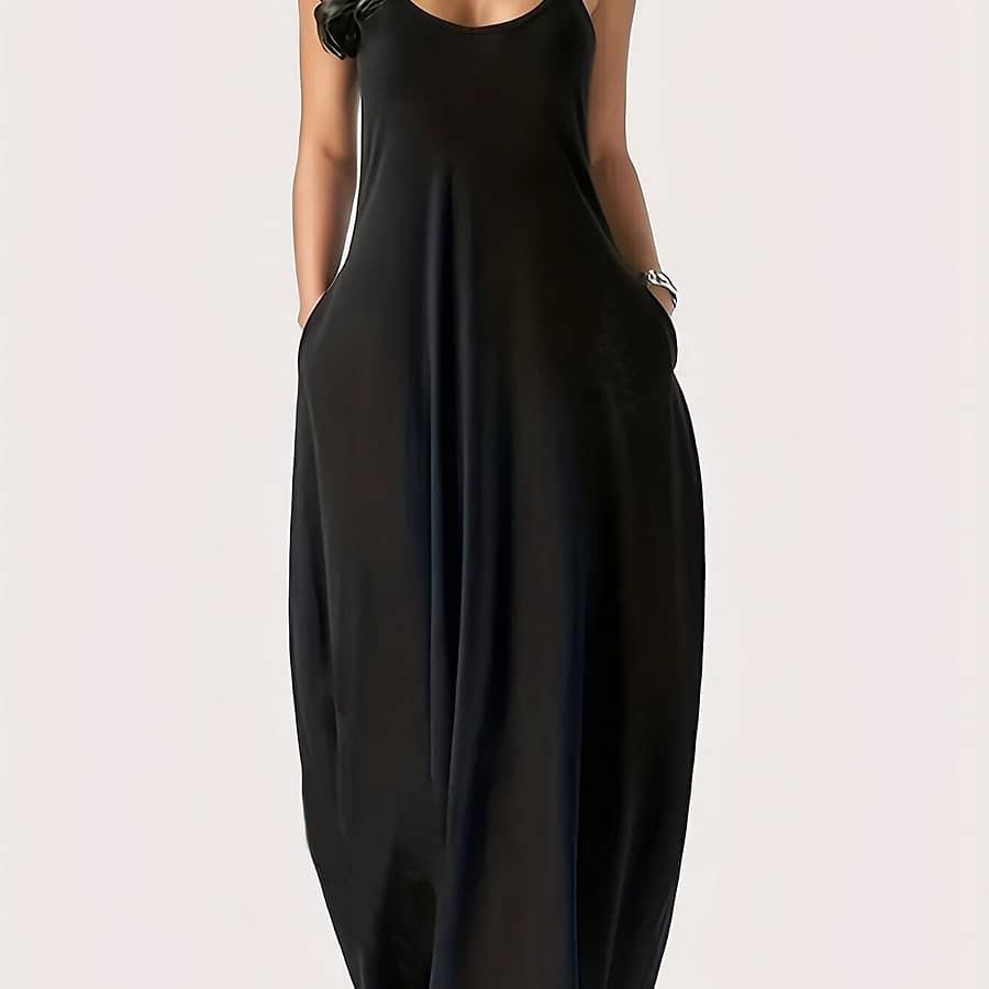 Elegant Women’ Color Black Maxi Dress – Casual Italian Spaghetti Strap, Sleeveless, Polyester , Machine Washable For Summer, Spaghetti Suspender Dress Clothing Shop Online at Dubai Trades 2