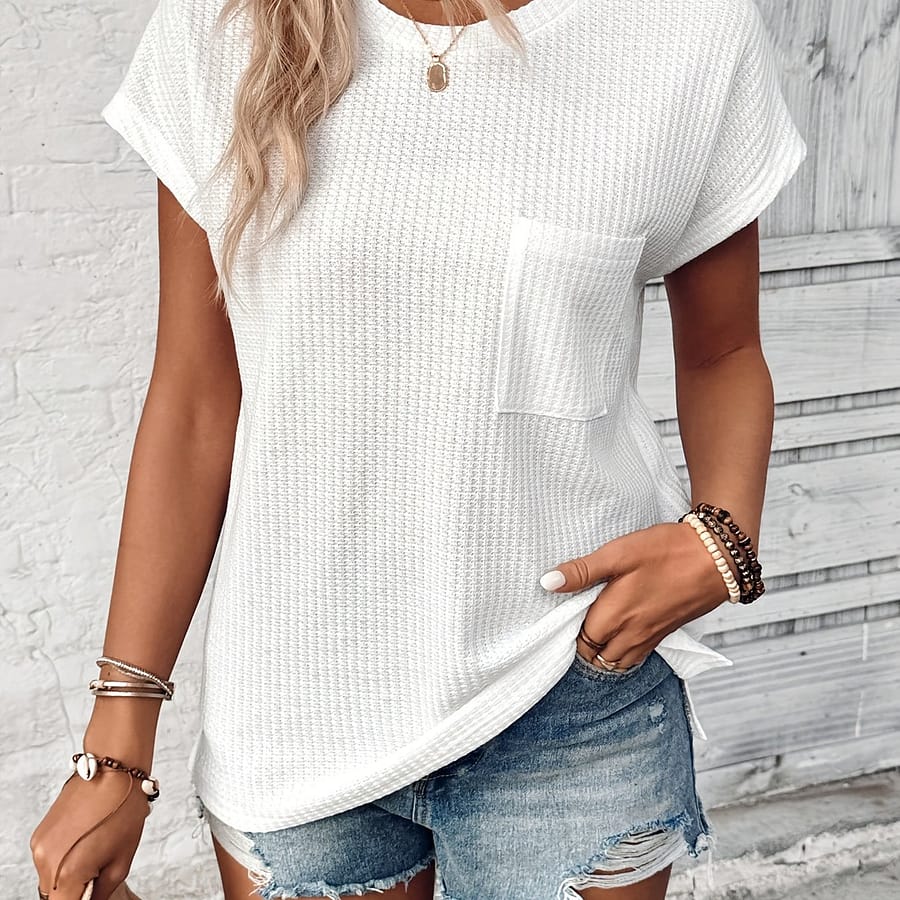 Elegant Women’ Color Blouse With Pocket – Crew Neck, Short Sleeve, Stretchy Polyester & Spandex Blend, Machine Washable – Spring/summer/fall Blouses Shop Online at Dubai Trades 2