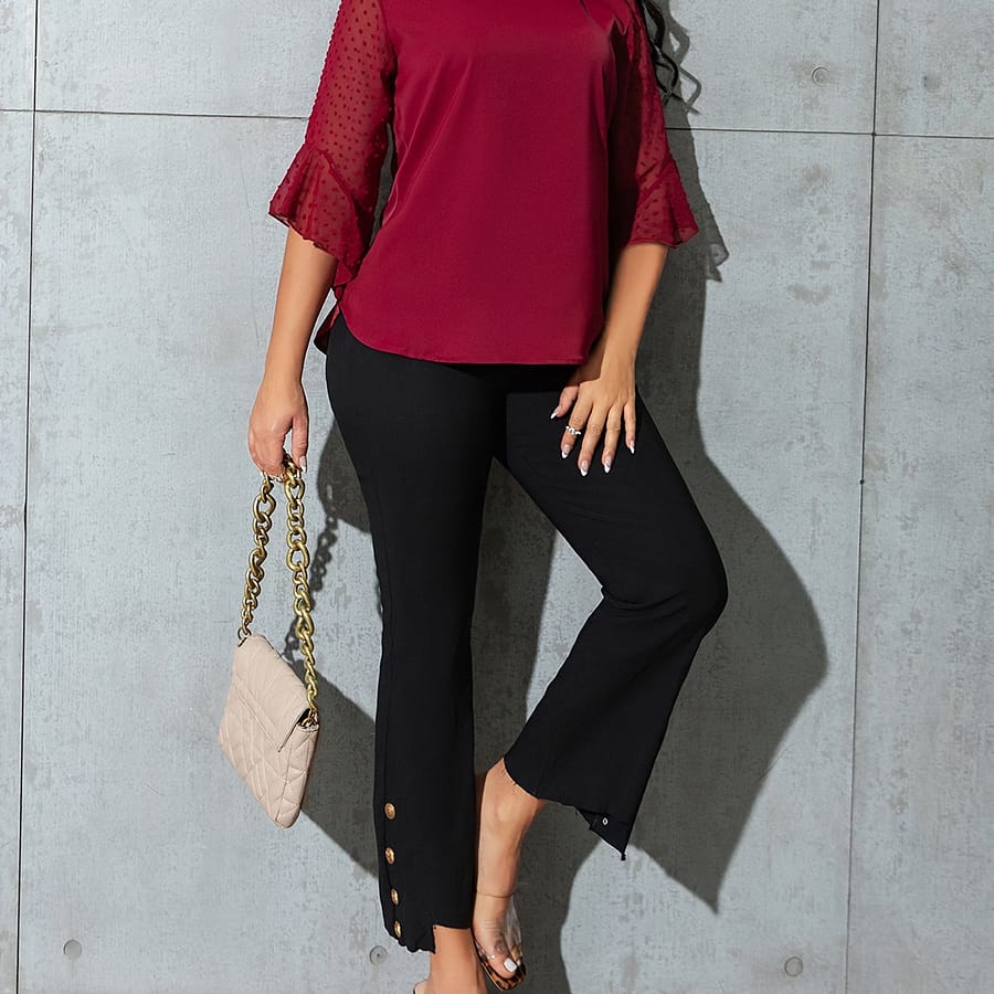 Elegant Women’s Blouse With Mesh Detail And Ruffle Sleeves – Crew Neck, Solid Color, Spring/summer/fall Blouses Shop Online at Dubai Trades 2