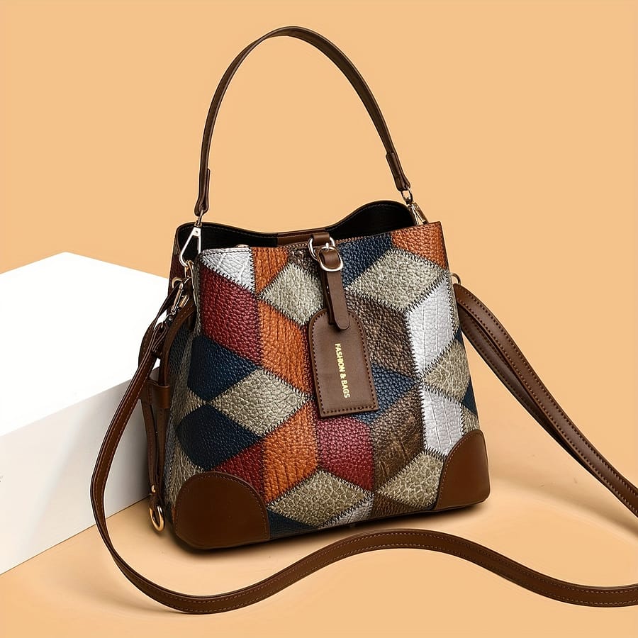 Elegant Women’s Bucket Handbag With Geometric Pattern, Multicolor Shoulder Bag, Crossbody Purse With Multiple Compartments Clothing, Shoes & Jewelry Shop Online at Dubai Trades 2