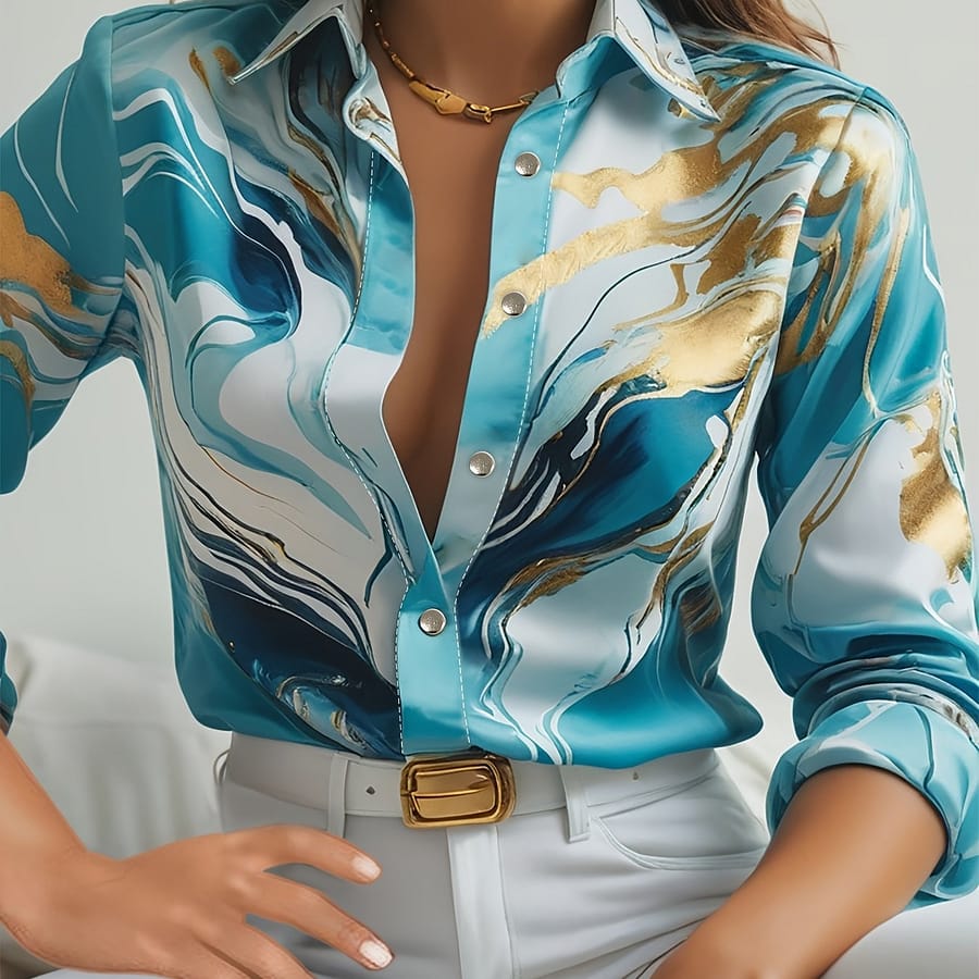 Elegant Women’s Button-up Shirt – Casual Polyester With Chic Abstract Print, Long Sleeves & Collared Design – Machine Washable For Spring/fall Blouses Shop Online at Dubai Trades 2