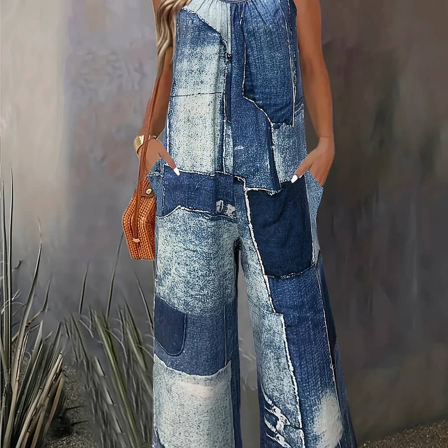 Elegant Women’s Denim-inspired Jumpsuit – Sleeveless With Ring Detail, Stretchy & Comfortable Polyester , Machine Washable, Blue And White Design For Summer Clothing Shop Online at Dubai Trades 2