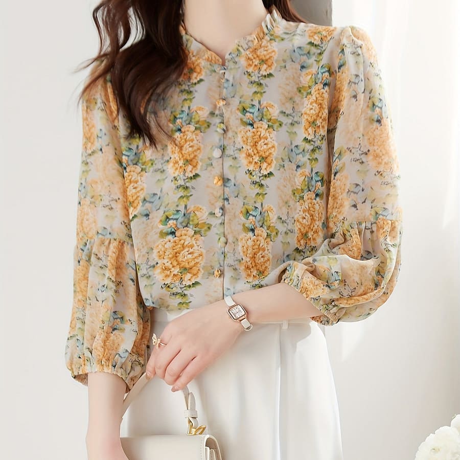 Elegant Women’s Floral Chiffon Blouse With Lantern Sleeves – 3/4 Length, Stand Collar, Button Detail, Lightweight And Flattering For Casual Blouses Shop Online at Dubai Trades 2
