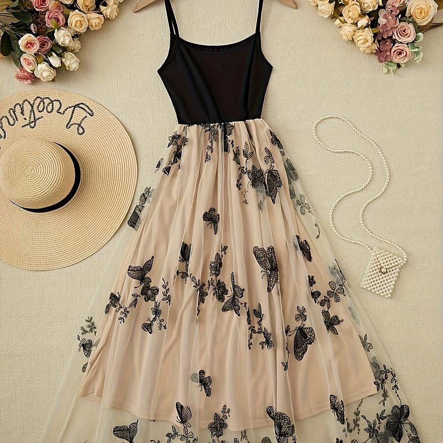 Elegant Women’s Lace & Tulle Embroidered Cami Dress – Sleeveless, Backless Design With Floral Patterns, Events Clothing Shop Online at Dubai Trades 2