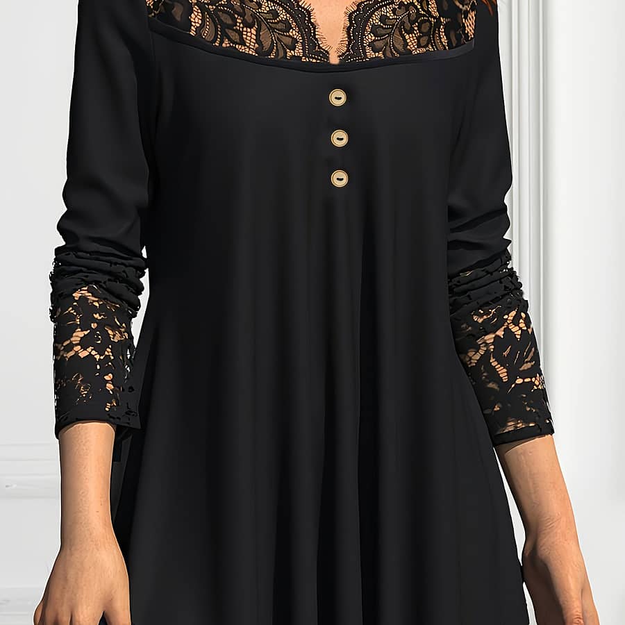 Elegant Women’s Lace-trimmed V-neck Top – Casual Long Sleeve, Button Detail, Breathable Polyester , Machine Washable – Ideal For Spring/summer/fall Clothing Shop Online at Dubai Trades 2