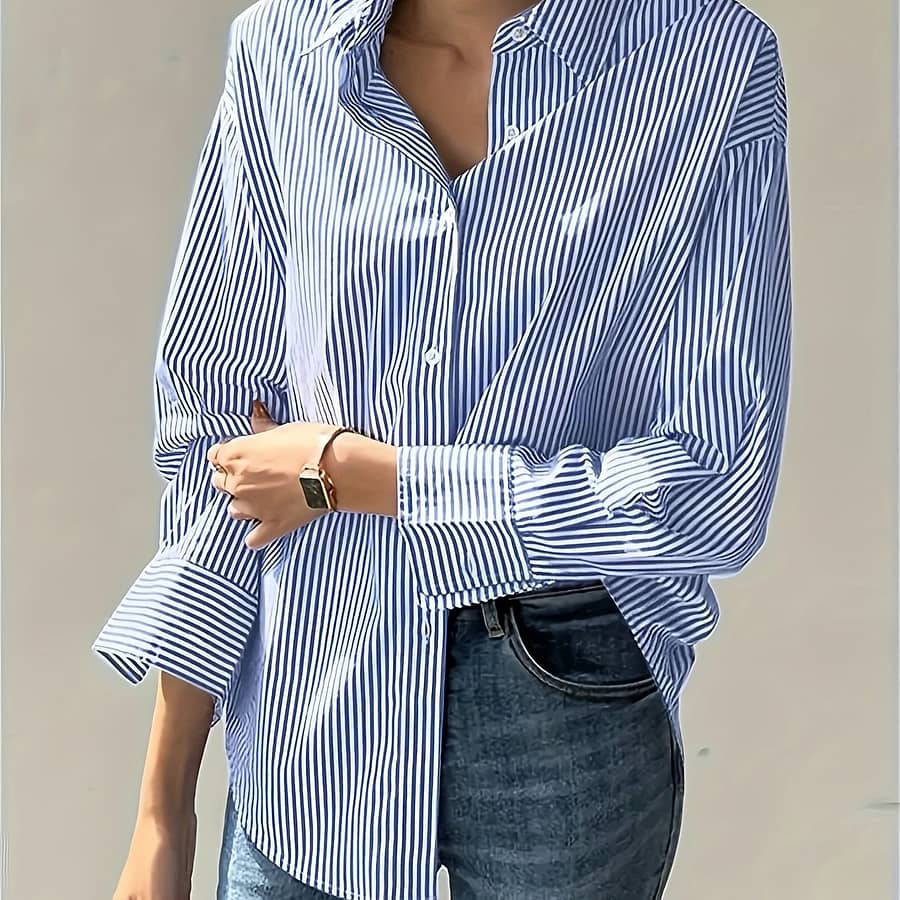 Elegant Women’s Striped Long Sleeve Button-up Shirt – Blue With , 100% Polyester, Machine Washable, For , Clothing|stylish Long Sleeves|polyester Fabric Blouses Shop Online at Dubai Trades 2