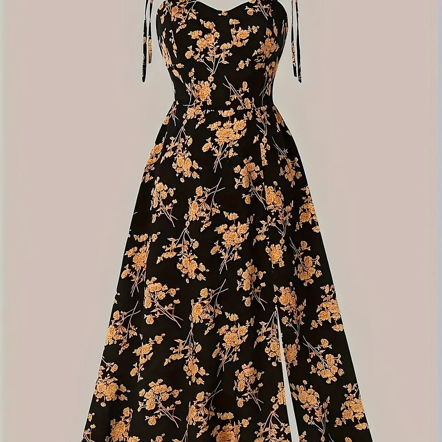 Elegant Y2k Floral Midi Dress For Women – Blue With White Flowers, Off-shoulder Design, Tie Straps, A-line Silhouette, Polyester, Machine Washable – Summer Clothing Shop Online at Dubai Trades 2