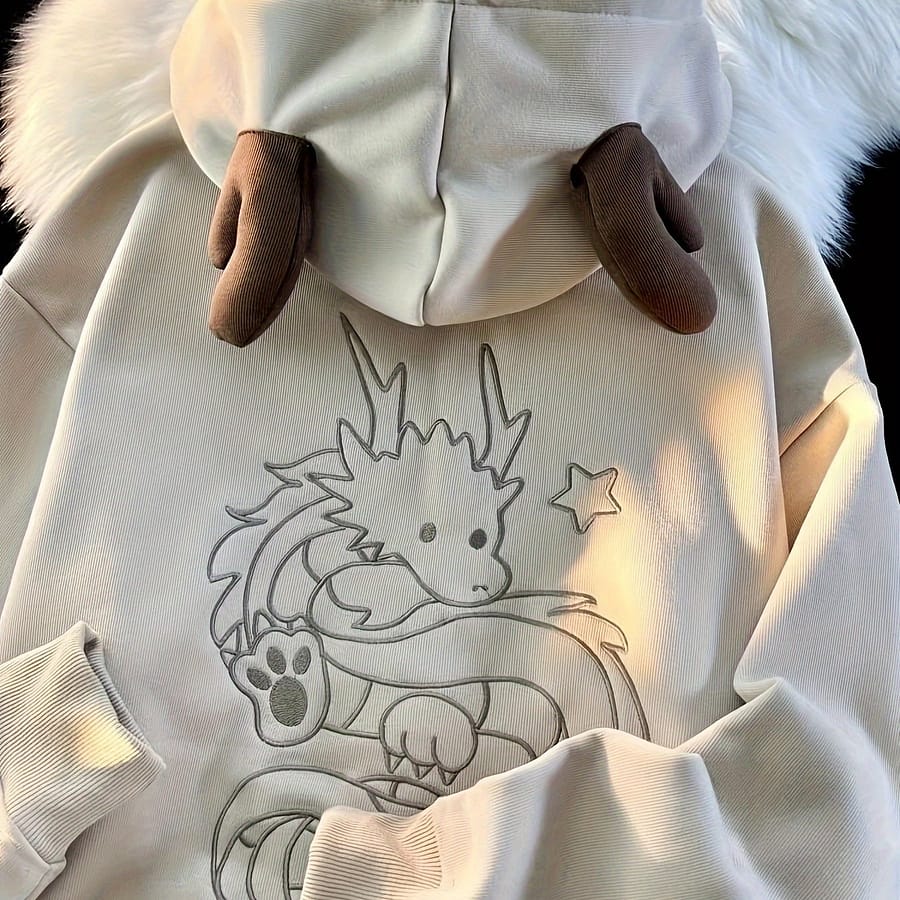 Embroidered Dragon Hoodie – Cozy Fleece-lined Thick Winter Sweatshirt With Ribbed Cuffs And Hem, Machine Washable, Fluffy Hoodie Clothing Shop Online at Dubai Trades 2