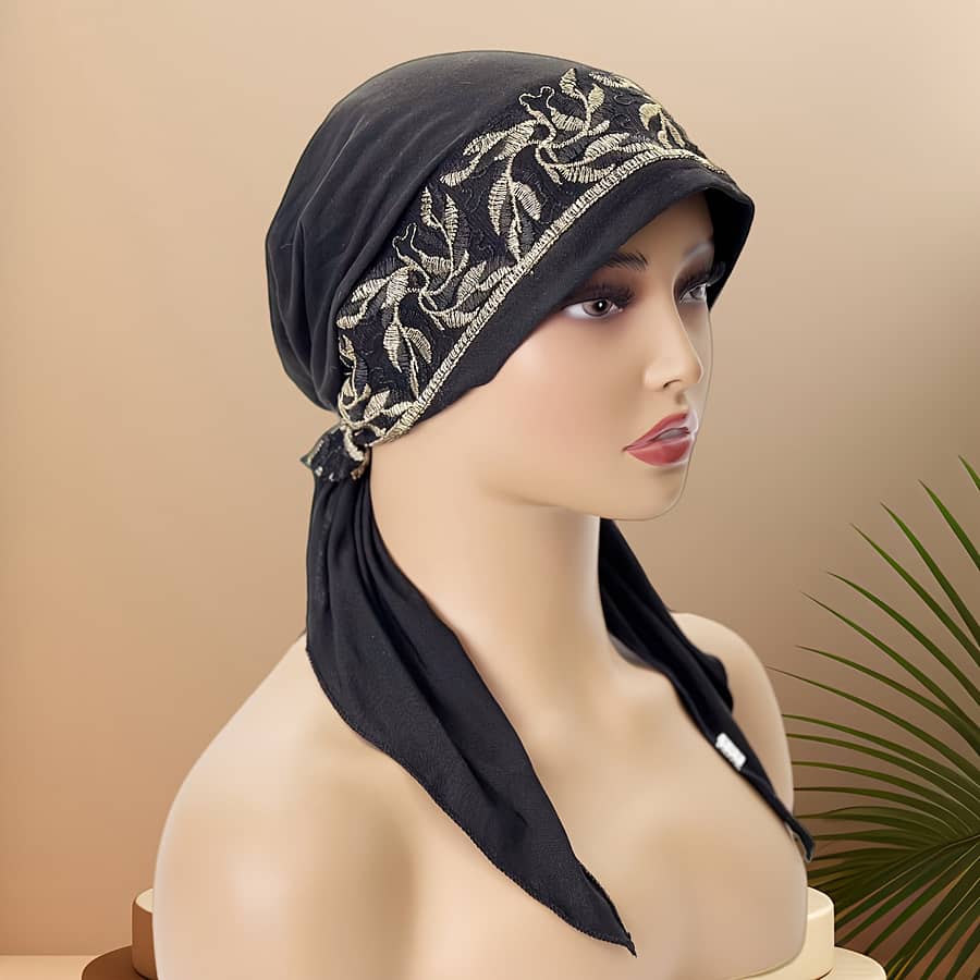 Embroidered Turban Hat Thin Chemo Hat Black Convenient Pullover Cap With Tails Clothing, Shoes & Jewelry Shop Online at Dubai Trades 2