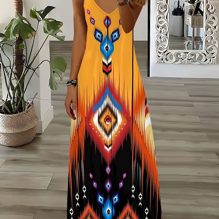 Ethnic Geo Print Cami Dress, Sleeveless A-line Maxi Slip Dress For , Women’s Clothing Clothing Shop Online at Dubai Trades 2