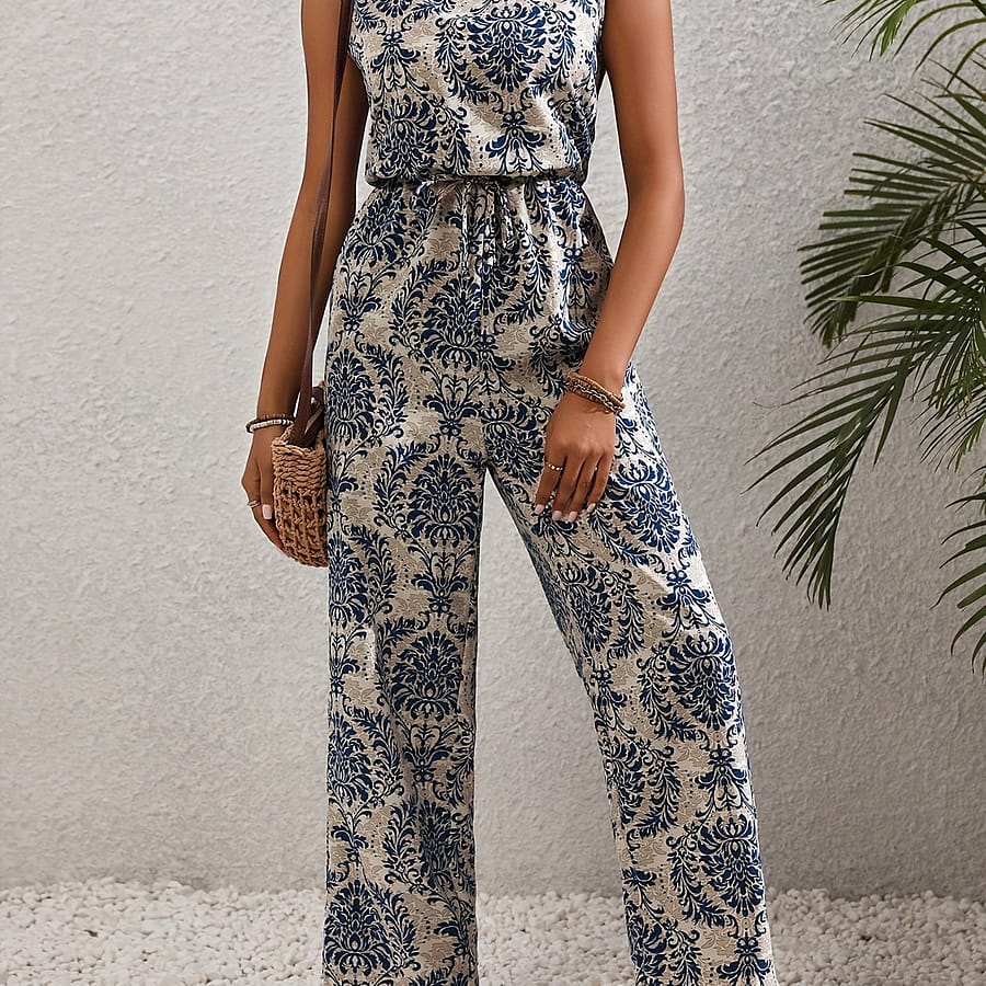 Ethnic Neck Jumpsuit, Vintage Sleeveless Tie Waist Straight Leg Jumpsuit, Women’s Clothing Clothing Shop Online at Dubai Trades 2