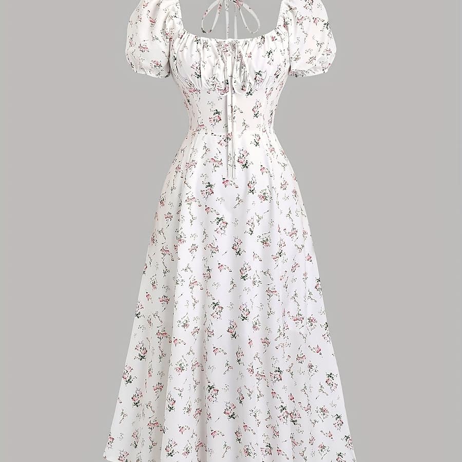 European And American Fast Fashion Romantic Small Floral Dress Sweet Date Play Front, Middle And Back Straps Clothing Shop Online at Dubai Trades 2