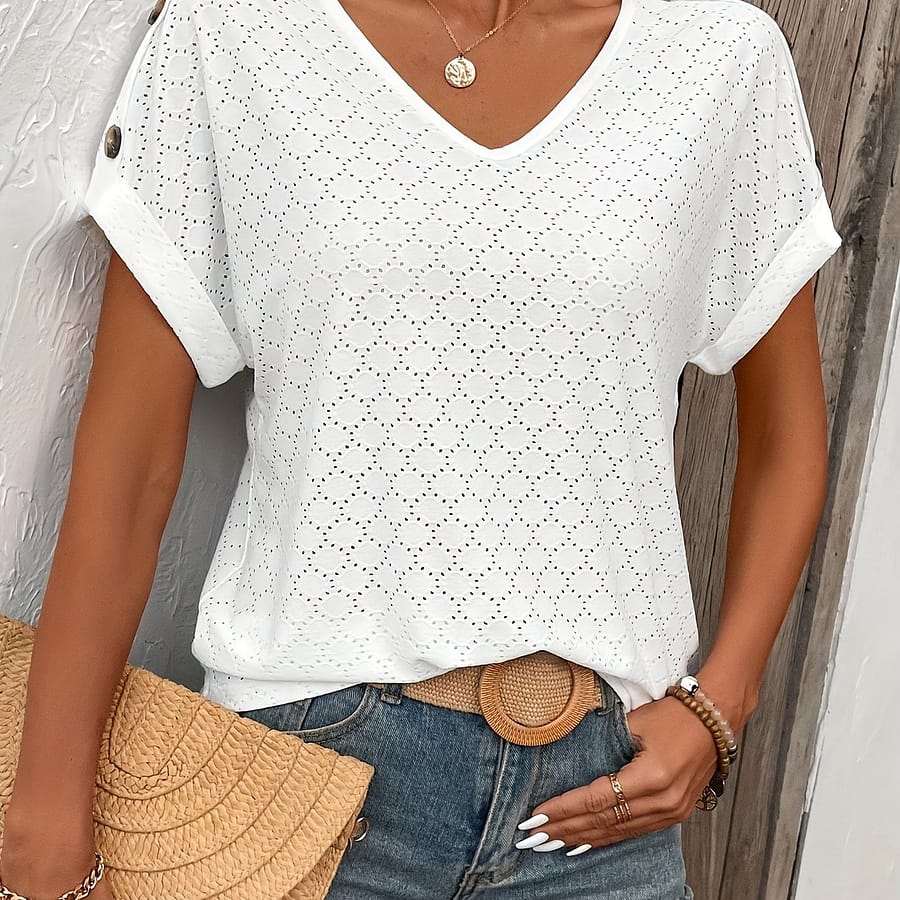 Eyelet Button Decor V-neck T-shirt, Casual Short Sleeve T-shirt For , Women’s Clothing Clothing Shop Online at Dubai Trades 2