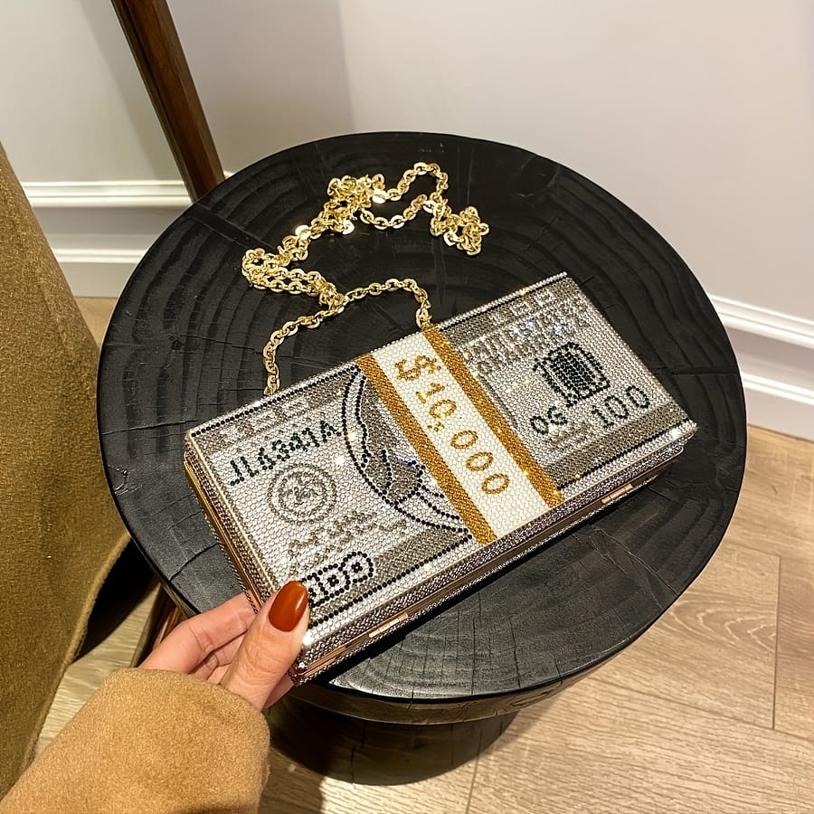 Fashion Dollar Bill Design Clutch, Rhinestone Evening Bag, Creative Personalized Handbag With Chain Shoulder Strap, Small Party Crossbody Purse, Lipstick Bag Clothing, Shoes & Jewelry Shop Online at Dubai Trades 2