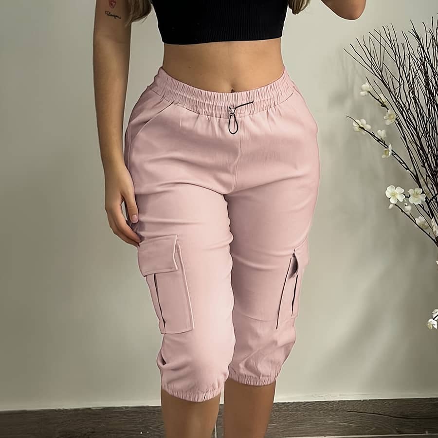 Flap Pocket Capris Cargo Pants, Casual Drawstring Solid Color Sporty Pants, Women’s Clothing Clothing Shop Online at Dubai Trades 2