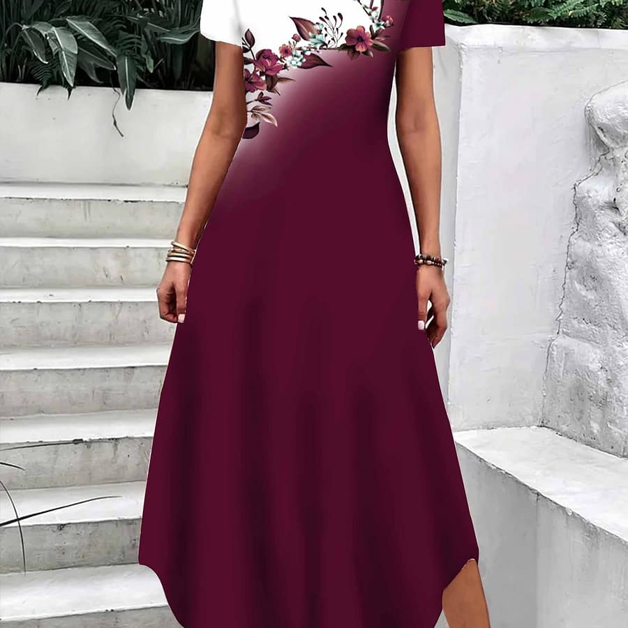 Floral Block Dress, Elegant Crew Neck Short Sleeve Dress For , Women’s Clothing Clothing Shop Online at Dubai Trades 2