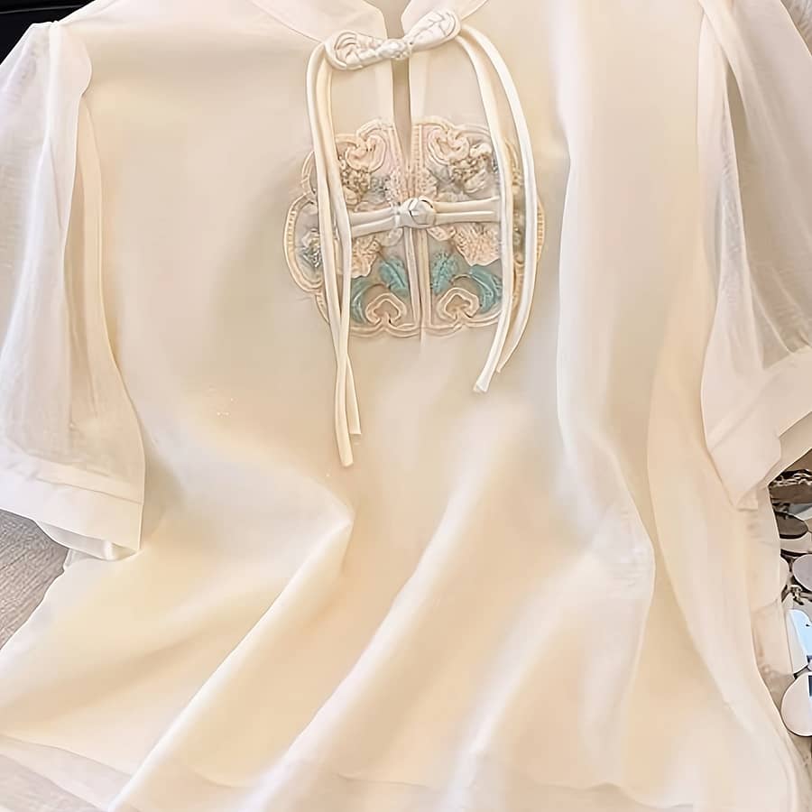 Floral Embroidered Frog Button Blouse, Elegant Short Sleeve Collar Contrast Mesh Blouse, Women’s Clothing Blouses Shop Online at Dubai Trades 2