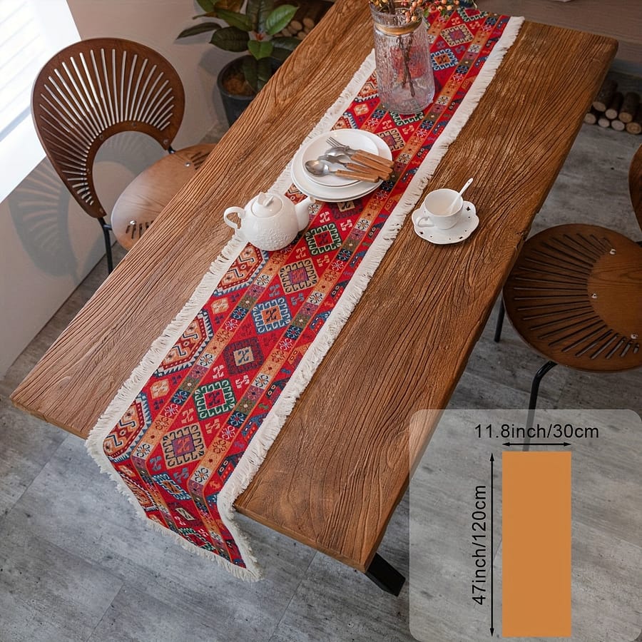 Floral Embroidered Table Runner With Tassels – 100% Polyester, Rectangular Woven Table Runner For Christmas Holiday, Elegant Party Decor And Everyday Use, Red Cashew Pattern Home & Kitchen Shop Online at Dubai Trades 2