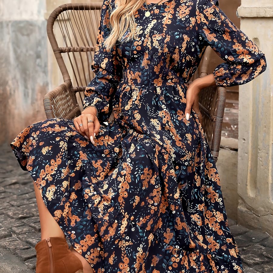 Floral Neck Dress, Elegant Long Sleeve A-line Dress For Spring & Fall, Women’s Clothing Clothing Shop Online at Dubai Trades 2