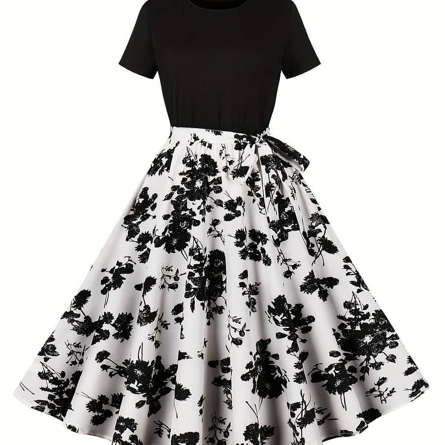 Floral Neck Dress, Elegant Short Sleeve Belted Dress For , Women’s Clothing Clothing Shop Online at Dubai Trades 2