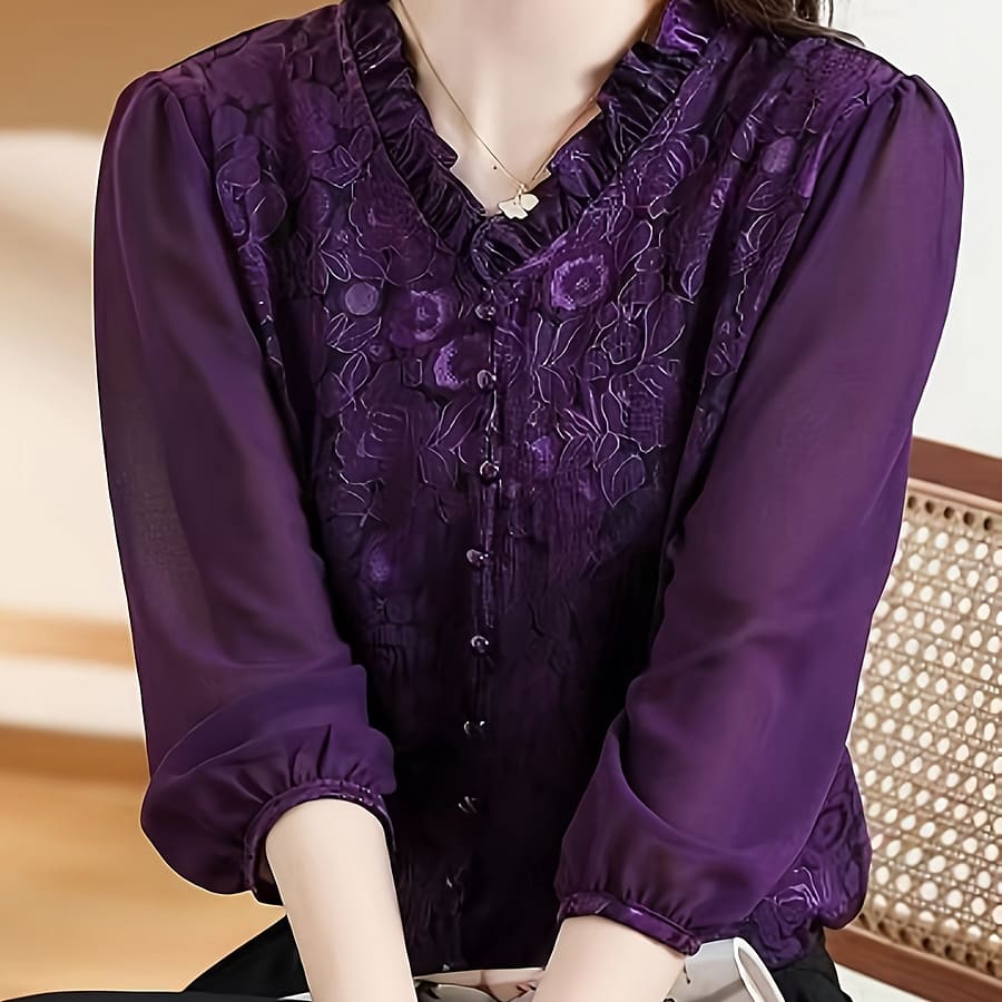 Floral Pattern Ruffle Trim Blouse, /4 Sleeve Button Front Blouse For Spring & Fall, Women’s Clothing Blouses Shop Online at Dubai Trades 2