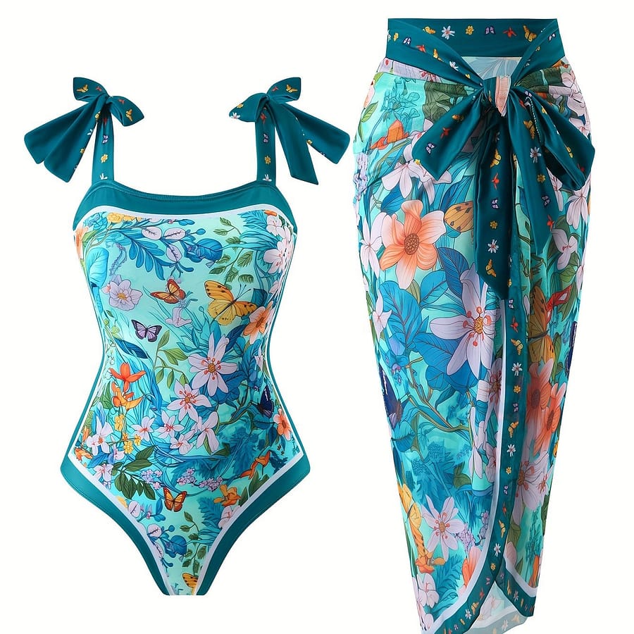 Floral & Print 2 Piece Swimsuits, Bow Tie Shoulder Straps One-piece Bathing-suit & Cover Up Skirt, Women’s Swimwear & Clothing Clothing Shop Online at Dubai Trades 2