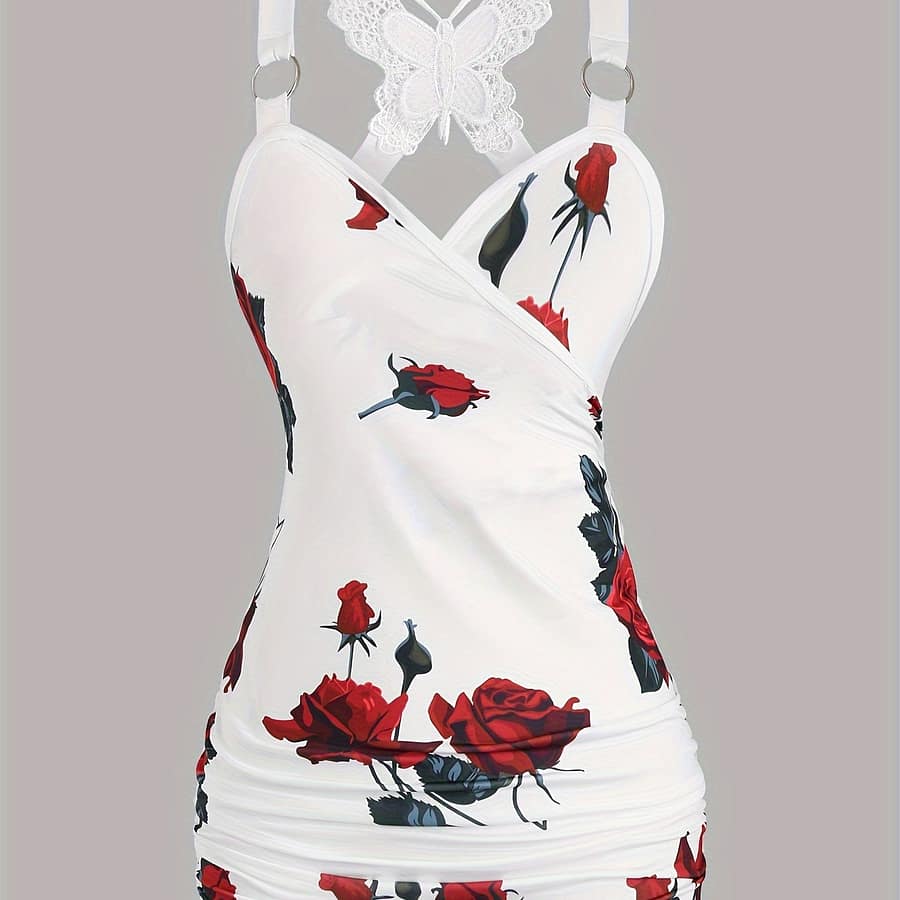 Floral Print Applique Tank Top, Stylish Surplice Neck Backless Slim Fit O-ring Detail Top For , Women’s Clothing Clothing Shop Online at Dubai Trades 2