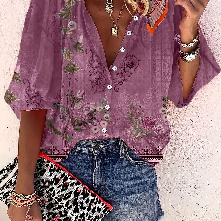 Floral Print Button Front Blouse, Casual Three-quarter Sleeve Blouse For , Women’s Clothing Blouses Shop Online at Dubai Trades 2